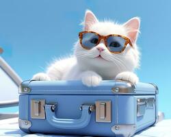 Cute cat on blue suitcase with sunglasses. AI Generative photo