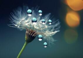 Beautiful dew drops on a dandelion seed macro. Beautiful blue background. Generative AI photo