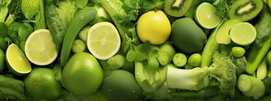 Banner layout of green fruits and vegetables. Generative AI. photo