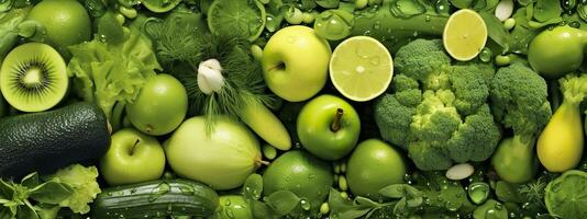 Banner layout of green fruits and vegetables. Generative AI. photo