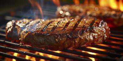 Beef ribeye steak grilling on a flaming grill. Generative AI photo