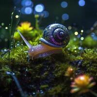 Iridescent Snail in a Fairy Forest, Close Up of a Shimmering Shell. AI Generative photo