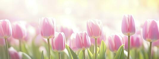 Beautiful pink Tulip on a blurred spring sunny background. Generative AI photo