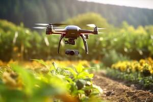 Drone monitoring crops and smart agriculture in a digital farming.  AI Generative photo