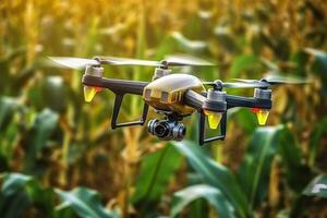 Drone monitoring crops and smart agriculture in a digital farming.  AI Generative photo