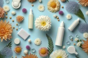 Fresh floral skincare concept. Top view flat lay of pump bottle, pipette, cream bottles, and tubes with flowers on pastel blue background with an empty circle for text or branding. AI Generative photo