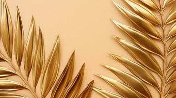 Gold colored tropical palm leaves on beige background AI Generated photo