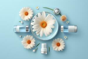 Fresh floral skincare concept. Top view flat lay of pump bottle, pipette, cream bottles, and tubes with flowers on pastel blue background with an empty circle for text or branding. AI Generative photo