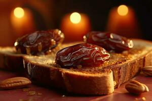 Saudi Arab Dates toast, macro shot of a fresh breakfast with Dripping Honey, AI Generated photo