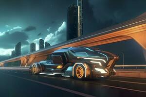 23rd Century Futuristic Truck with Hyper Modern Drive, Wide Angle Lens, and Futuristic Skyscraper in the Background. AI Generative photo