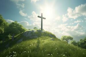 The cross of God with green Leaf, in the rays of the sun and blue sky. Cross on the hill with green trees and graeen natural view. Religious concept, AI Generative photo