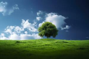 Green field and tree on blue sky. AI Generative photo