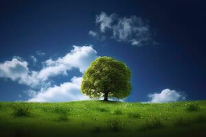 verde campo y árbol en azul cielo. ai generativo foto