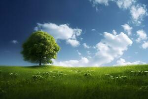 verde campo y árbol en azul cielo. ai generativo foto