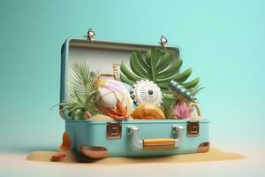 Creative Summer Beach Composition in Suitcase on Blue Background, A Travel Concept Idea in 3D Rendering. AI Generative photo