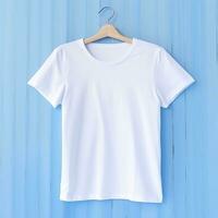 Simple White T-Shirt on Soft Blue Background. AI Generative photo