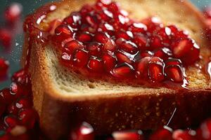 Pomegranate toast, macro shot of a fresh breakfast with Dripping Honey, AI Generated photo