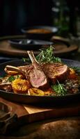 A close up of Lamb meat on a chopping board, ready to eat photo