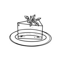 A piece of cake on a plate in doodle style on a white background. Festive concept. Hand drawn vector outline sketch icon.