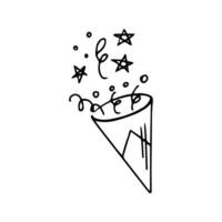 Festive firecracker with flying confetti for birthday or new year in doodle style on a white background. Festive concept. Hand drawn vector outline sketch icon.