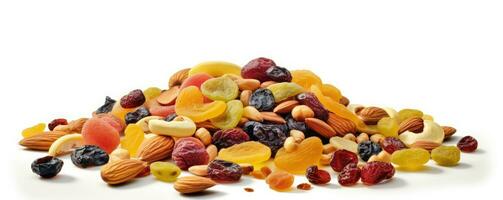 Footer of mix dry fruit on white background, AI Generated photo