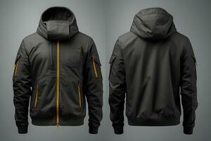 Plain black jacket mockup, front and back view, isolated on grey AI Generated photo