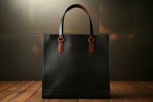 Black eco tote, design mockup, displayed on a hanger AI Generated photo