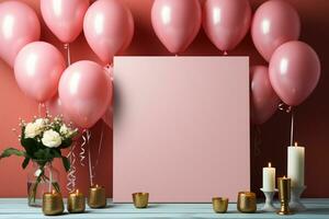 Party mockup on pink table, frame, balloons, confetti, flat lay AI Generated photo