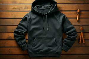 Black sweatshirt mockup, 3D rendering, back view, design presentation AI Generated photo