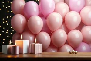 Festive birthday scene, frame, balloons, confetti, pink table, flat lay AI Generated photo