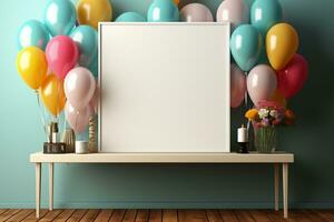 Party planning, white frame, colorful balloons, blue wooden table AI Generated photo