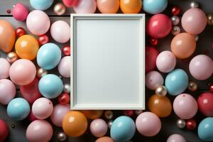 Pastel balloons and frame, confetti, top view birthday mockup AI Generated photo