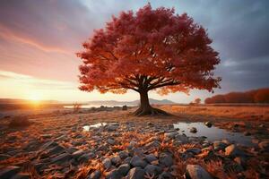 caídas belleza árbol hojas mezcla con el cielo, creando un encantador paisaje ai generado foto