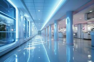 Abstractly blurred luxury hospital corridor, evoking a serene healthcare environment AI Generated photo