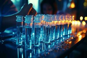 Laboratory pipette drips blue chemical into empty test tubes for experimentation AI Generated photo