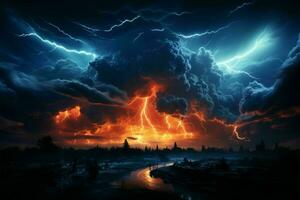 Weather's fury in the night, thunderstorm's lightning dances, cataclysmic display AI Generated photo