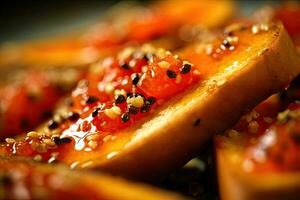 papaya toast, macro shot of a fresh breakfast with Dripping Honey, AI Generated photo