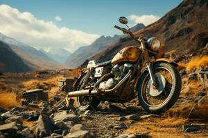 Scenic landscape featuring a lone motorbike AI Generated photo