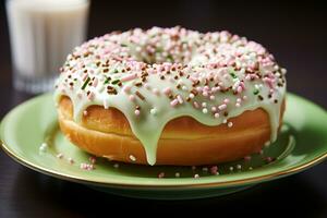 dulce indulgencia parte superior ver de un vidriado rosquilla con asperja en verde ai generado foto