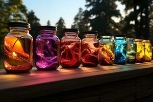 Colorful jars align a cobblestone fence under the vibrant rainbows end AI Generated photo