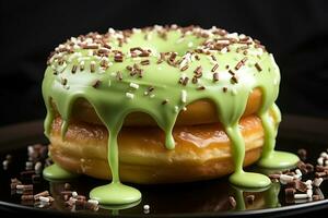 Bakery delight mouthwatering glazed donut with sprinkles on green background AI Generated photo