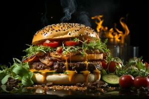 Artful presentation gourmet beef burgers, fresh veggies, on black backdrop AI Generated photo