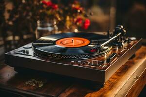 Flat lay of modern player and vinyl records on rustic wood AI Generated photo