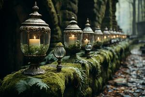 Antique urns stand sentry on a mossy stone barrier under twilight hues AI Generated photo