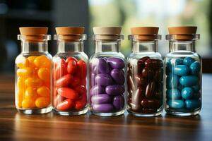 Colorful assortment of capsules and tablets in medical jars, a wellness selection AI Generated photo