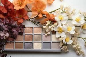 Flat lay composition eyeshadow palette and flowers on a white backdrop AI Generated photo