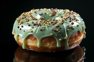 Dessert dreams glazed donut adorned with sprinkles, top view on green AI Generated photo