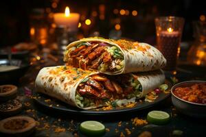 Sizzling chicken wrap, bursting with ingredients, a street food fiesta AI Generated photo