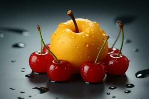 Juicy delight cherries and orange come together in a smiley face AI Generated photo