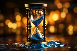 Blue backdrop, hourglass pouring sand, with space for your message AI Generated photo